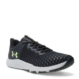 Championes de entrenamiento Under Armour modelo Charged Engage 2, color gris oscuro con detalles en verde lima. Presentan un diseño de malla transpirable con refuerzos laterales y entresuela con tecnología Charged Cushioning para mayor amortiguación.