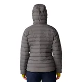 Campera puffer Mountain Hardwear modelo Deloro Down Fz Hoody, de color gris, con capucha, cierre frontal completo y bolsillos laterales con cierre. Cuenta con tecnología Pertex® Quantum y relleno de plumón.