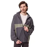 Campera rompevientos Rusty modelo Pipper, con diseño color block en tonos gris y verde oliva. Presenta cierre frontal, capucha, puños elásticos y logo de la marca bordado en el pecho.