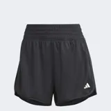 Short de training Adidas color negro, con cintura alta fruncida y dobladillos curvados con aberturas laterales. Presenta el logo de Adidas en la parte inferior derecha.