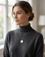 Collar de cadena fina de plata con dije circular de nácar engarzado en plata.