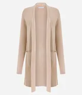 Cardigan alargado de punto marca Cortelle, color marrón, abierto al frente, de manga larga y con bolsillos aplicados.