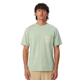 Remera verde claro de manga corta, con cuello redondo y diseño regular. Cuenta con un pequeño estampado circular en el pecho y un diseño gráfico grande en la espalda.
