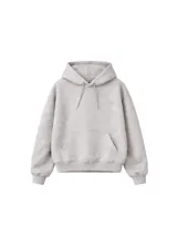 Hoodie de algodón color gris melange, con capucha ajustable mediante cordones, bolsillo frontal tipo canguro y logo bordado en relieve en el pecho.