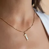 Collar de cadena fina tipo veneciana en oro 18k con dije colgante de diseño estilizado que combina oro y nácar.
