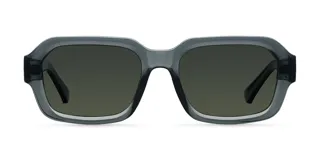 Lentes de sol rectangulares con montura gris oscuro y lentes verdes polarizadas.