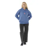 Canguro azul con capucha, cordones ajustables y bolsillo tipo canguro. Estampado pequeño en el pecho con el logo de Rip Curl y diseño de sol en color rosa.