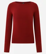 Suéter de punto ajustado con escote canoa y mangas largas. Presenta una superficie lisa y acabado clean, confeccionado en una mezcla de viscosa, poliéster y poliamida.