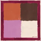 Pañuelo cuadrado de seda con diseño de bloques de color en tonos naranja, marrón, rosado y crema, enmarcado por un borde fucsia. Presenta un acabado satinado y el logo de la marca Rosa-Rosa en una esquina.