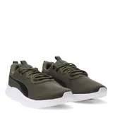 Championes deportivos Puma modelo Resolve Modern, color verde oliva con detalles en negro y suela blanca. Presentan un diseño de malla transpirable con cierre de cordones y el logo de la marca en el lateral.