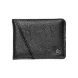 Billetera plegable Volcom de cuero vacuno con textura granulada, diseño bifold, costura decorativa diagonal y logo metálico circular en la esquina inferior.