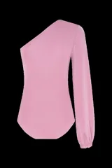 Body de un solo hombro confeccionado en jersey elástico. Presenta un diseño drapeado con una hebilla decorativa dorada en el hombro, manga larga con puño y detalle de fruncido en la cintura.