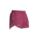 Short deportivo Under Armour modelo Fly By 3, color violeta, con cintura elástica y logo reflectante en el frente.