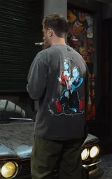Remera negra con efecto nevado/acid wash, corte oversize, con estampado gráfico en la espalda inspirado en la película 'Bastardos sin gloria' de Tarantino, mostrando personajes con armas y dinamitas.