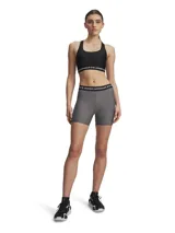 Calza corta deportiva Under Armour HeatGear Middy de color gris melange, ajustada al cuerpo, con cintura elástica ancha negra con el logo de la marca en contraste y pequeño logo estampado en el lateral.