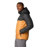 Campera puffer con capucha, diseño bicolor en negro y mostaza, con cierre frontal, bolsillos laterales con cierre y puños elásticos.