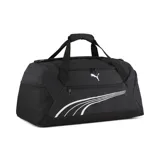 Bolso deportivo Puma negro con logo y detalles en blanco. Cuenta con doble asa de mano, correa ajustable para el hombro, bolsillo lateral de malla y compartimento principal con cierre.