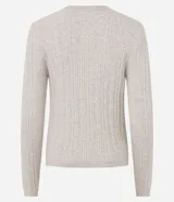 Cardigan de punto canelado color verde oliva, con cuello redondo, manga larga y cierre frontal abotonado.