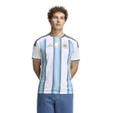 Camiseta de fútbol Adidas de la Selección Argentina, modelo Home. Diseño clásico de rayas verticales blancas y celestes con detalles en dorado en el logo de la marca, el escudo de la AFA y el parche de campeón del mundo. Presenta cuello redondo y las icónicas tres tiras de la marca en los hombros.