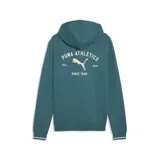 Buzo con capucha y bolsillo tipo canguro, color verde esmeralda. Presenta cordones ajustables en la capucha, puños con detalle de franja blanca y logo de Puma Athletics estampado en el pecho.