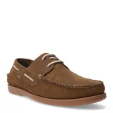 Zapatos tipo náutico de hombre en cuero nobuk color marrón, con cordones claros y suela de goma al tono.