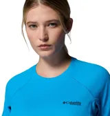 Remera deportiva de manga corta color azul con tecnología de absorción de humedad y protección solar, con detalle de diseño geométrico en el interior.