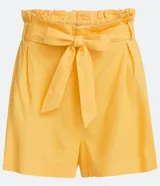 Short femenino modelo clochard, confeccionado en una mezcla de viscosa, lino y algodón. Presenta un diseño de tiro alto con cintura elástica y lazo ajustable del mismo tejido, ofreciendo un calce cómodo y versátil.