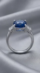 Anillo de plata 925 con piedra central de raíz de zafiro en corte cojín y detalles laterales de circonias en corte baguette.