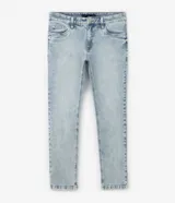Pantalón de jean skinny para hombre con lavado dirty y efecto marmorizado, cuenta con cintura con trabillas, cierre tradicional y bolsillos.