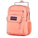 Mochila JanSport Big Student color durazno con dos compartimentos principales, funda acolchada para laptop de 15 pulgadas, bolsillo para botella de agua, panel organizador con clip para llaves, dos bolsillos exteriores con cremallera, correas ergonómicas para los hombros en forma de S y panel trasero acolchado.
