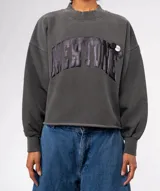 Buzo de algodón gris oscuro con lavado especial, cuello redondo y mangas largas con puños ajustados. Presenta un estampado frontal con la palabra "NEWTONE" en relieve y apliques decorativos en el área del pecho. El ruedo inferior es cortado y deshilachado.