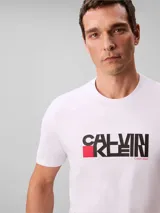 Remera Calvin Klein de color blanco, de corte regular y manga corta, con cuello redondo. Cuenta con un estampado gráfico artístico de la marca en el pecho en tonos negros y detalles en rojo.