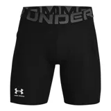 Calza deportiva corta Under Armour modelo HeatGear Compression, color negro con cintura elástica ancha gris y logo de la marca estampado en blanco en la pierna derecha.