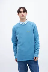 Buzo gris de felpa liviana con cuello redondo, mangas largas y puños ajustados. Tiene un bordado pequeño en el pecho y un diseño estampado en la espalda.