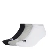 Pack de tres pares de medias tobilleras deportivas Adidas, con diseño acolchado y refuerzos en talón y puntera. Incluye un par negro, uno gris melange y uno blanco, cada uno con el logo de la marca bordado en la parte superior.