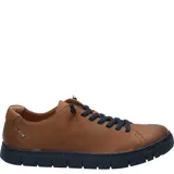 Zapatillas urbanas de cuero color marrón con suela de goma azul marino y cordones elásticos azules.