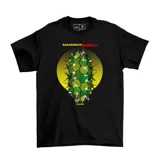 Remera negra de algodón con estampa frontal que presenta un cactus geométrico sobre un círculo amarillo y el logo de Babasonicos Jessico.