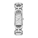 Reloj Michael Kors modelo Empire con caja rectangular plateada de 30mm y malla de acero inoxidable plateada. El dial es plateado con el logo MK en el centro.