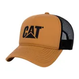 Gorra tipo trucker con panel frontal de espuma color tostado y paneles traseros de malla negra. Presenta el logo de la marca estampado en alta densidad en el frente y visera curva.