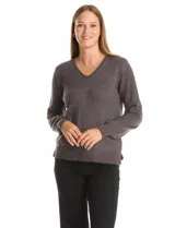 Buzo tejido de punto marca Zac & Rachel, color gris oscuro, con escote en V y manga larga. Presenta un detalle decorativo de tachas brillantes dispuestas en el escote y a lo largo del centro del frente.