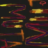 Pañuelo cuadrado con diseño artístico abstracto de trazos en zigzag y líneas horizontales en tonos cálidos como naranja, amarillo y rojo sobre un fondo negro.