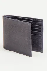 Billetera de cuero color azul con múltiples compartimentos para tarjetas y billetes.