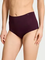 Bombacha tipo brief de tiro alto, color bordó, confeccionada en microfibra suave y sedosa con diseño sin costuras y acabado invisible bajo la ropa.