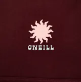 Canguro O'Neill color bordó, con capucha y cordones ajustables. Presenta un estampado frontal con un sol y el logo de la marca, además de un bolsillo tipo canguro y una etiqueta decorativa en la parte inferior.