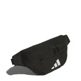 Riñonera Adidas Ess Waist Bag color negro con el logo de la marca estampado en blanco en el frente. Cuenta con compartimento principal y bolsillo frontal, ambos con cierre de cremallera, y correa ajustable con hebilla.