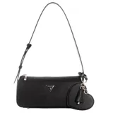 Cartera tipo baguette de la marca Guess, color negro con textura granulada. Presenta un logo triangular metálico en el frente y un charm colgante en forma de corazón con borla. Incluye una correa ajustable para el hombro y cierre superior.