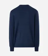 Suéter de punto Marfinno con cuello redondo y mangas largas. Presenta un diseño de rayas horizontales en tonos marrones y beige sobre una base de color marrón oscuro.