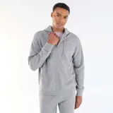 Campera con capucha de felpa color gris, de corte estándar, con cierre frontal completo y bolsillos estilo canguro.