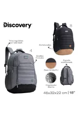 Mochila negra con base marrón, tiras regulables, porta botellas, bolsillos frontales y organizador interno.