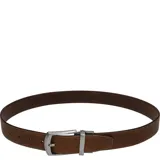 Cinturón de cuero marrón con costuras pespunteadas a tono, hebilla metálica rectangular de acabado envejecido y diseño reversible.